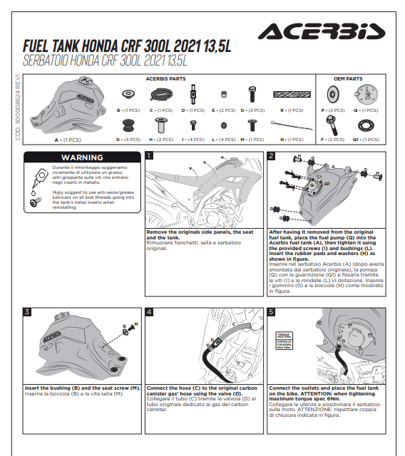 Acerbis Tank passend bei Honda CRF 300L 14L Motorrad motocross enduro